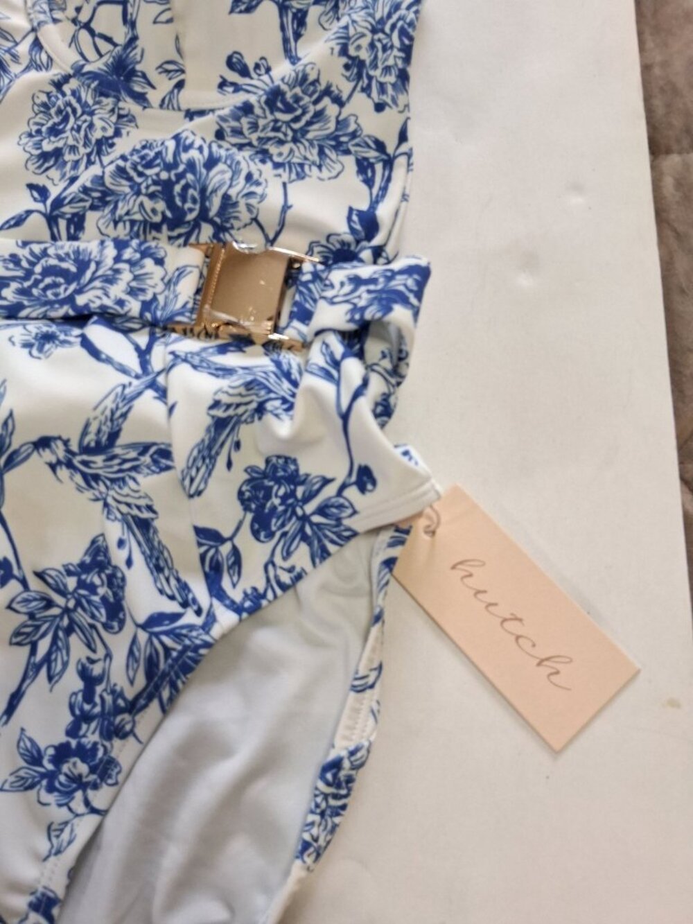 Hutch Sally Blue & White Floral One Piece Swimsuit With Belt Size Large NWT $198 - Picture 5 of 9